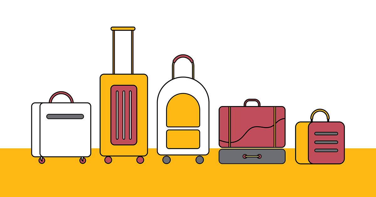 A simple line-drawn scene, in the Here4 Insurance brand colours of yellow and red, depicting a row of different suitcase and travel bags to represent the types of UK Insurance available in the Travel, Holidays and Leisure category on the Here4 Insurance website.